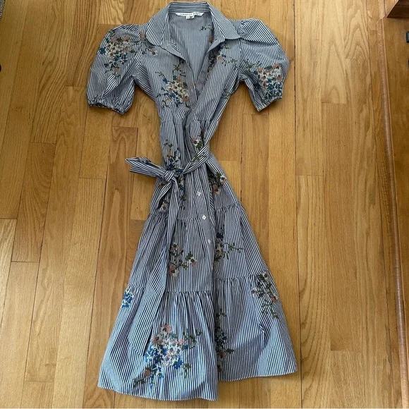 Veronica Beard Eunice Shirt Dress Blue White Stripe Floral Embroidery Sz 8 - Picture 3 of 5